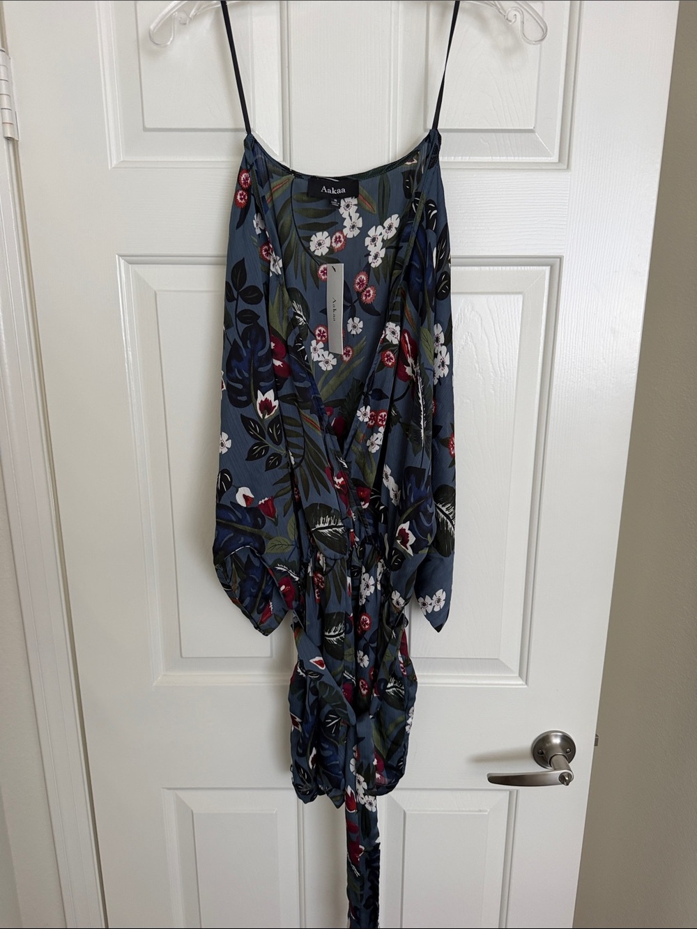 AKIRA Slate Blue Floral Wrap Romper with Red & White Blooms